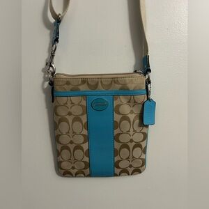 Coach Signature Canvas Leather Swingpack Crossbody Bag Blue Teal Khaki Y2K Purse